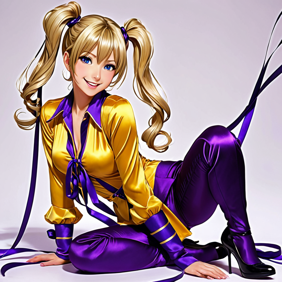 Anime-Style Woman in Yellow and Purple Satin Attire
