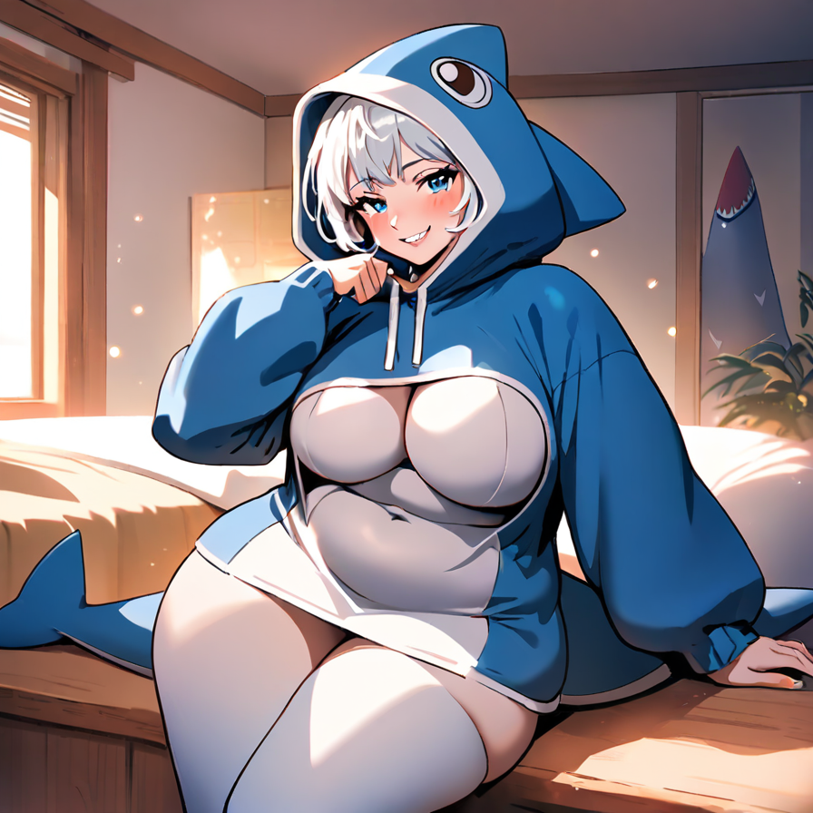 Anime Girl in a Blue Shark Hoodie