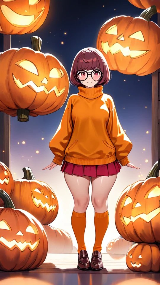 Anime Girl in Orange Sweater with Jack-o'-Lanterns