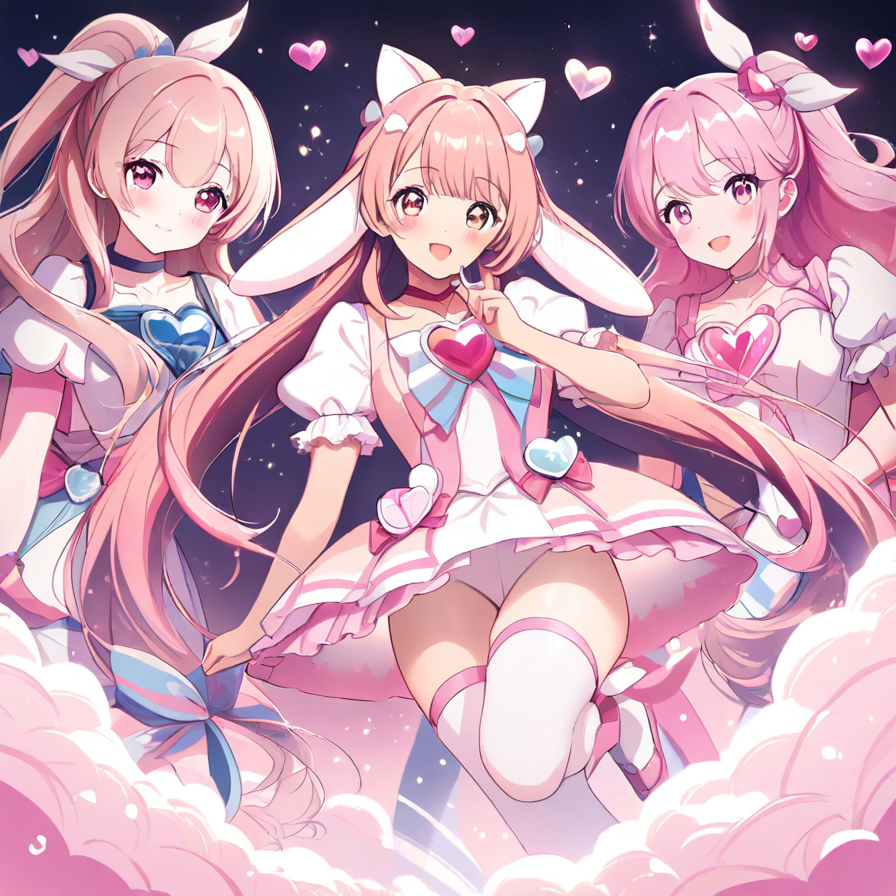 Three Anime Girls with Pink Hair and Heart-Themed Outfits