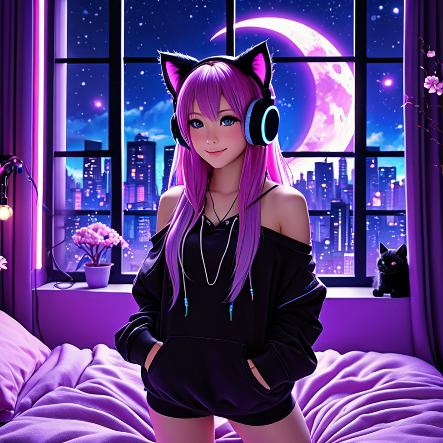Anime Girl with Cat Ears and Headphones by a City Window