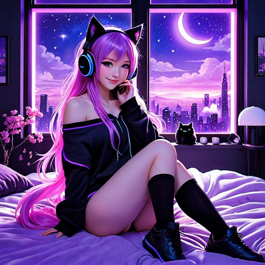 Anime Girl with Cat Ears and Headphones in a Neon Purple Room