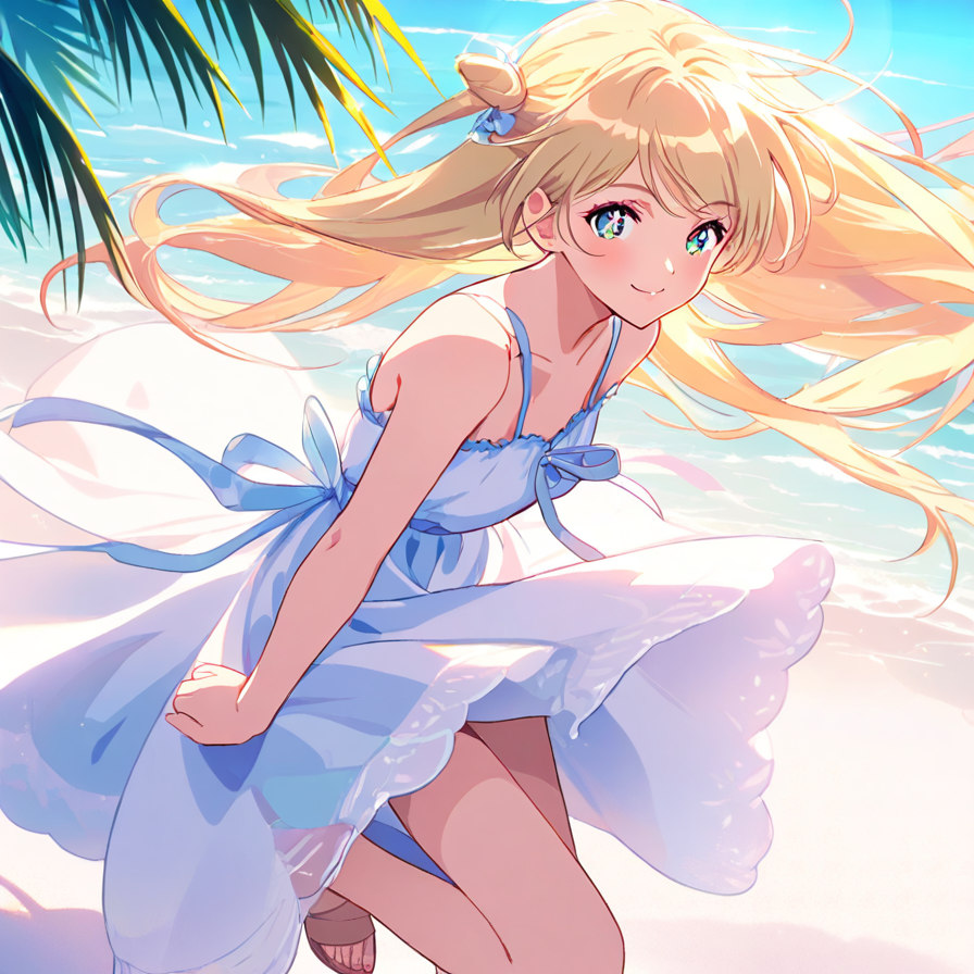 Anime Girl in a Blue Summer Dress on the Beach