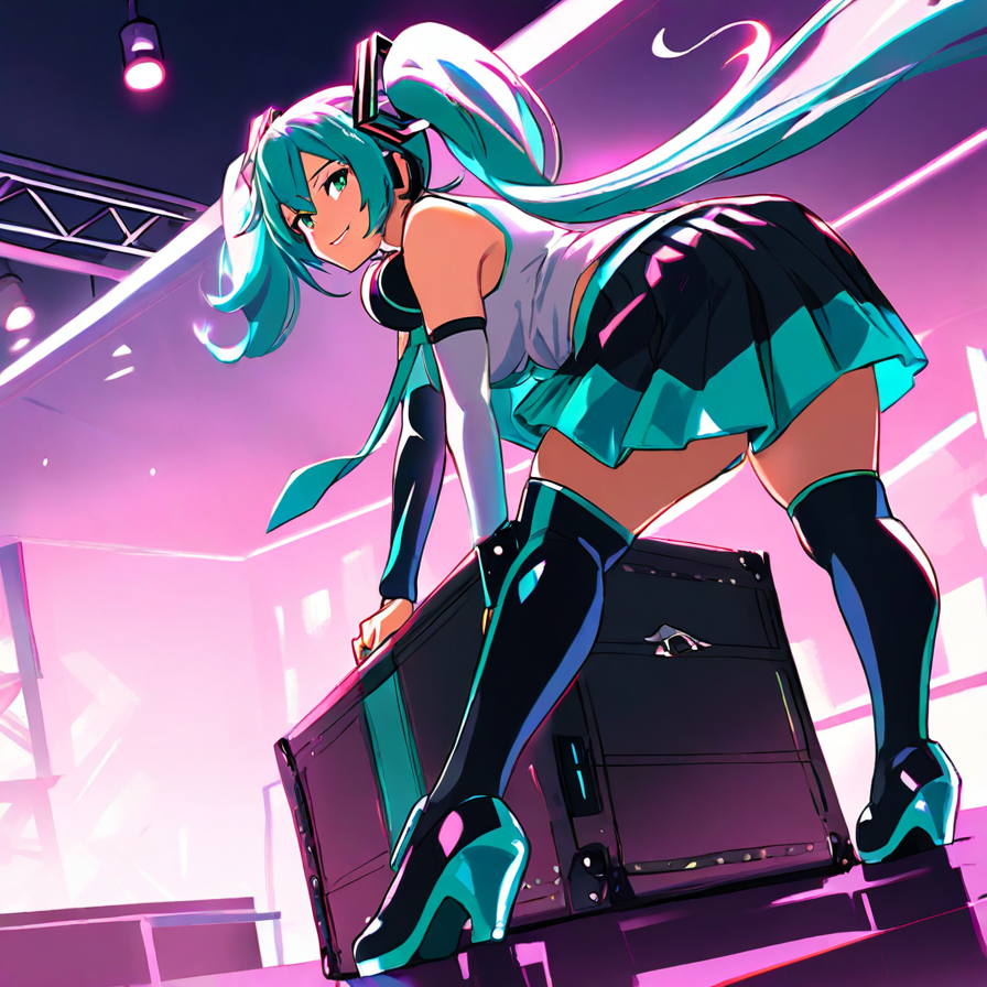Anime Girl with Teal Hair and Headphones on Stage