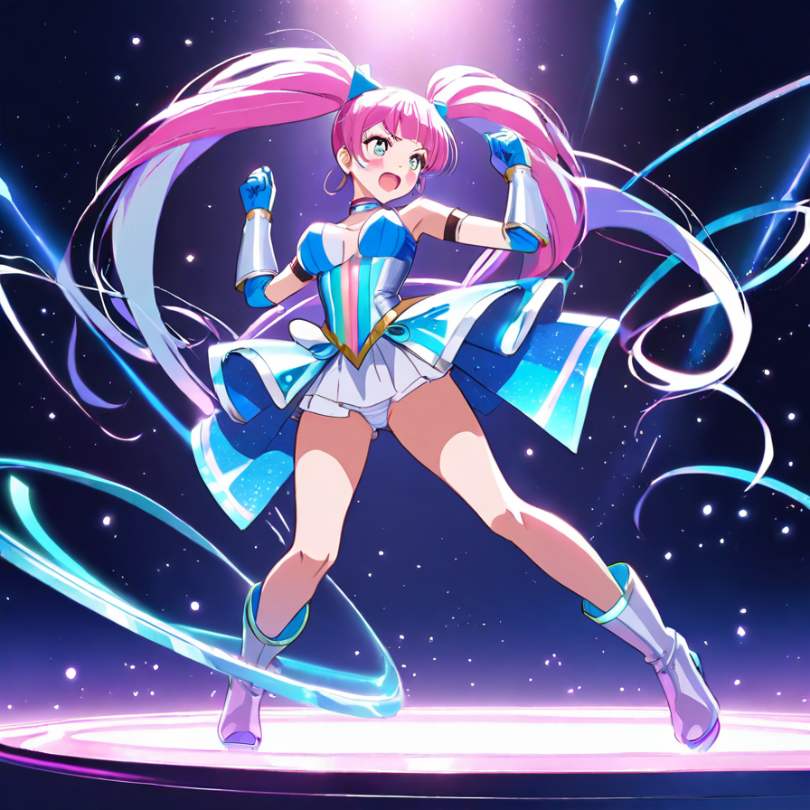 Anime Girl in Blue and White Magical Outfit with Pink Twin-Tails
