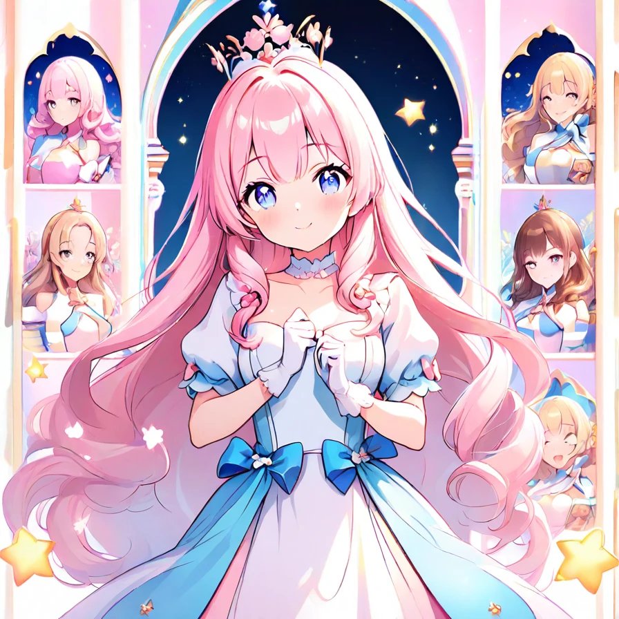 Anime Girl in Blue and White Gown with Pink Hair