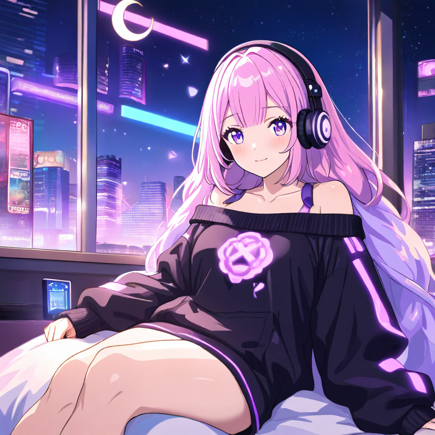 Anime Girl with Pink Hair and Headphones in a Neon City Setting