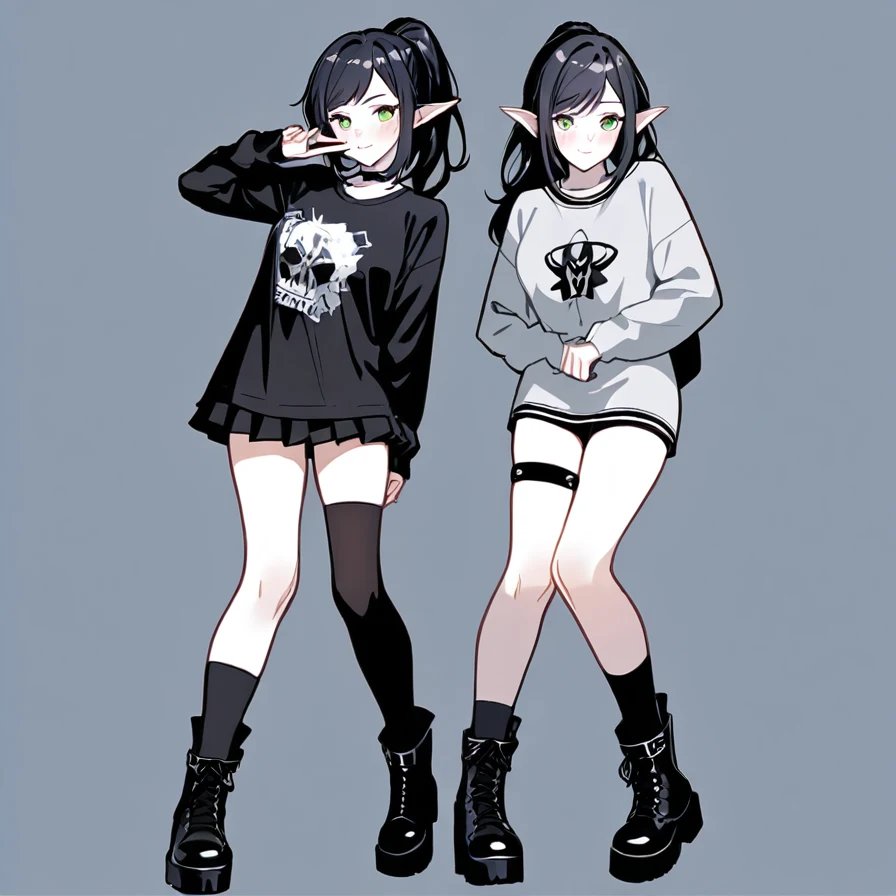 Two Anime-Style Elf Girls in Casual Streetwear