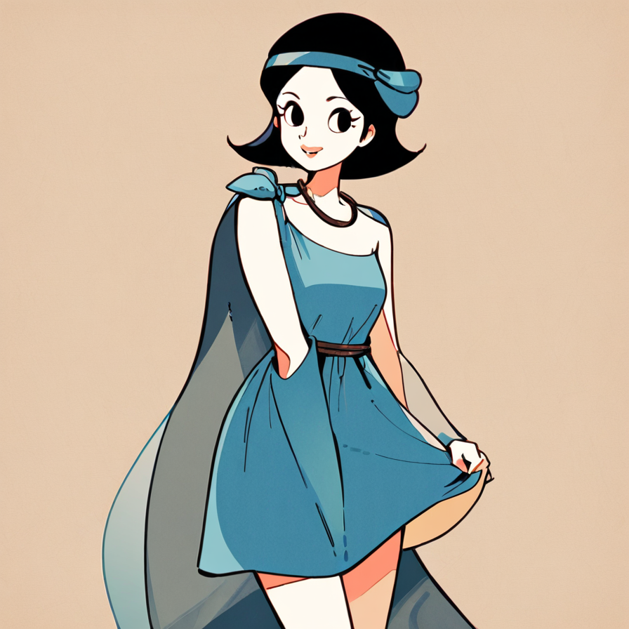 Stylized Illustration of a Woman in a Blue Dress and Cape