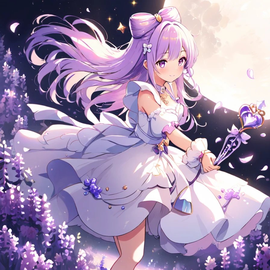 Anime Girl in a White Dress with a Magic Wand under a Full Moon