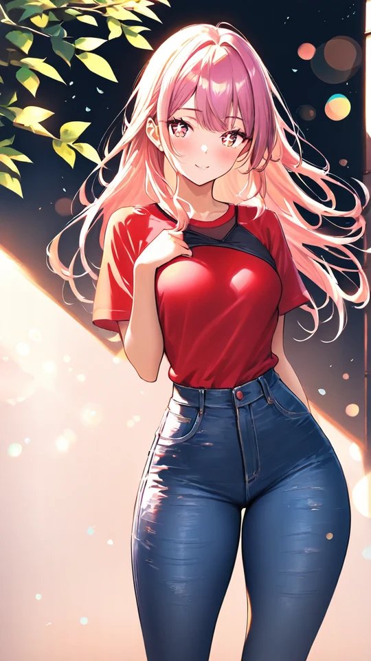 Anime Girl in Red T-shirt and Blue Jeans