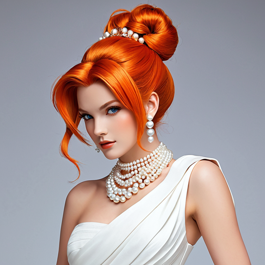 Portrait of a Woman with Vibrant Orange Hair and Pearl Jewelry