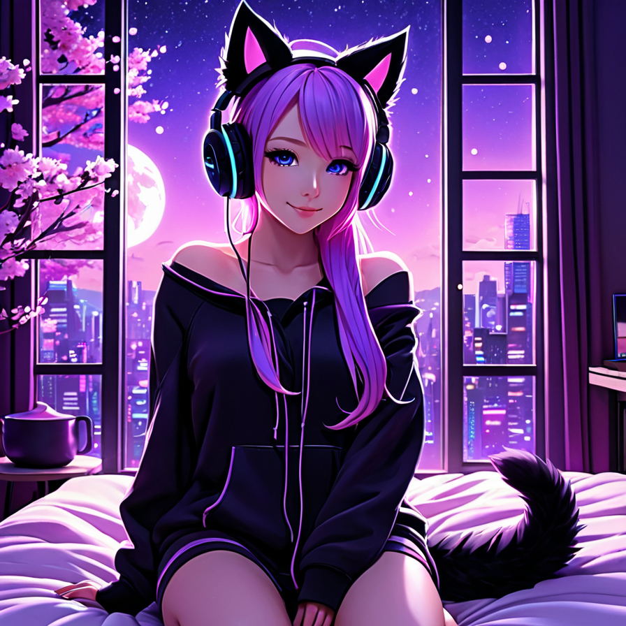 Anime Girl with Cat Ears and Headphones by a City Window