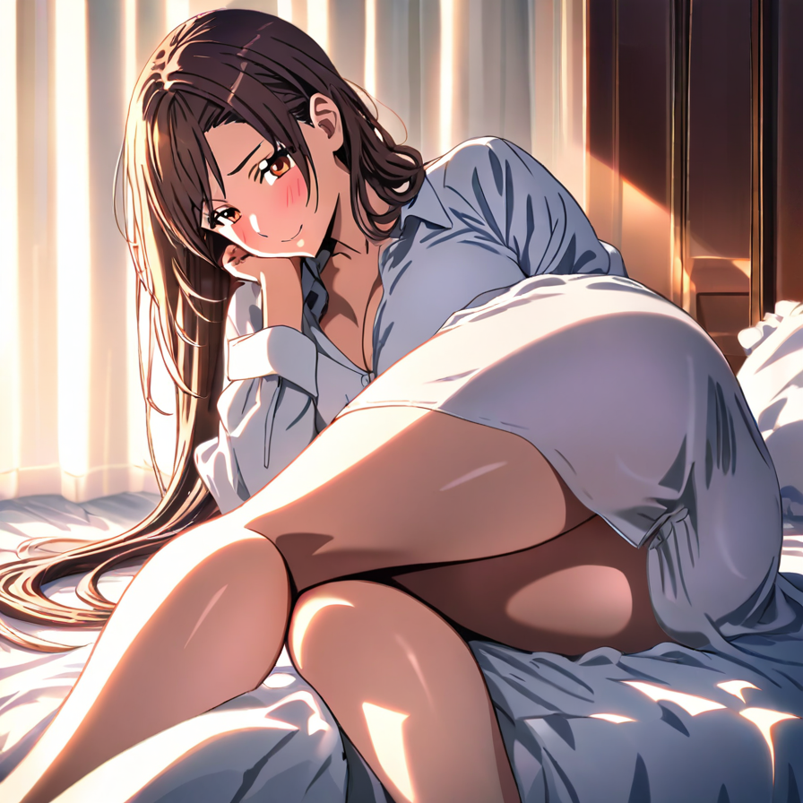 Anime Girl in Oversized Shirt Lounging on Bed