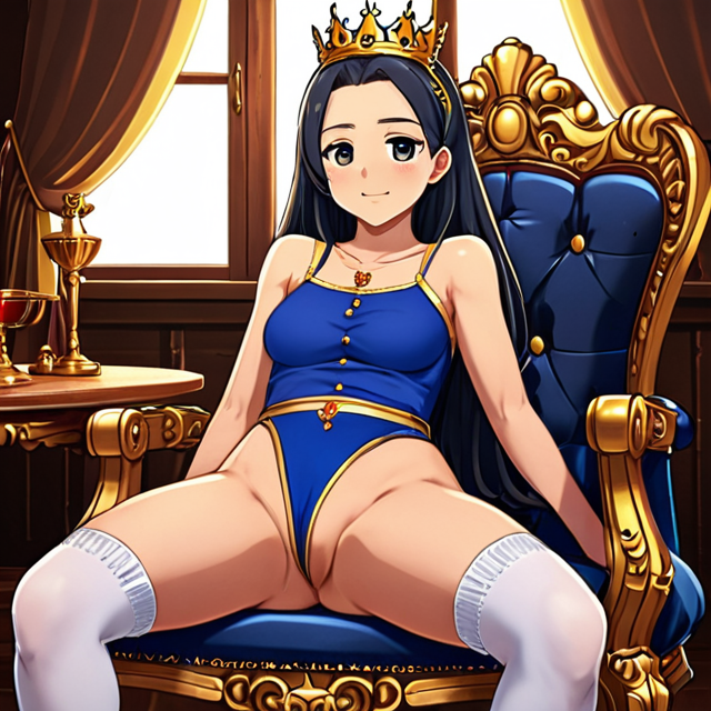 Anime-Style Princess in Blue Swimsuit on Golden Throne