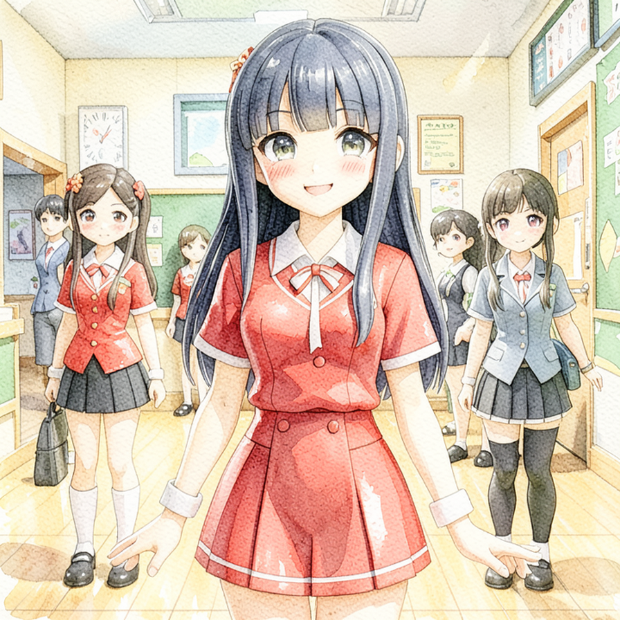 Anime Schoolgirls in a Classroom Hallway