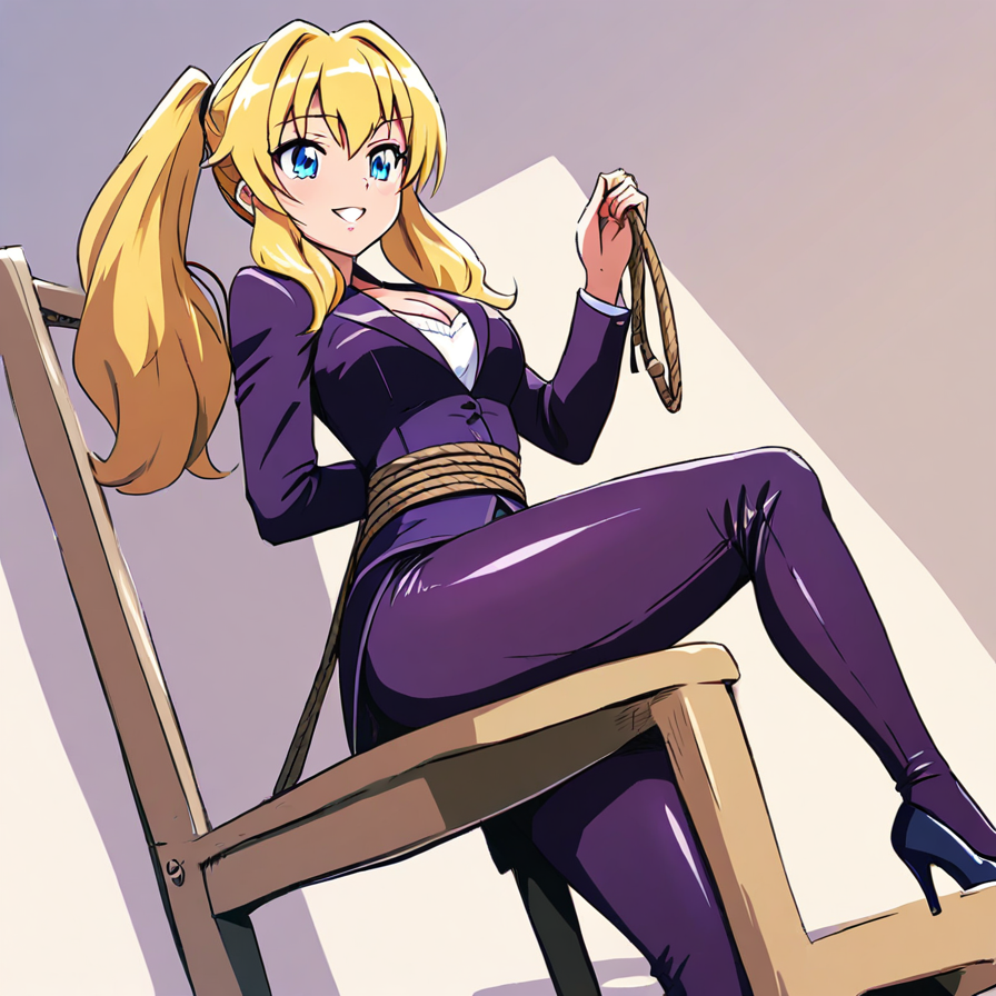 Anime Woman in Purple Suit Tied to a Chair