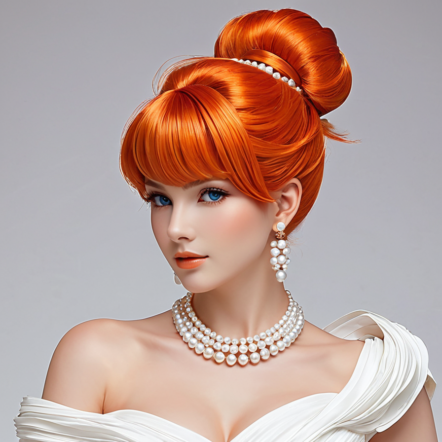 Portrait of a Woman with Vibrant Orange Hair and Pearl Jewelry