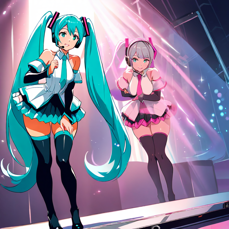 Two Anime Girls with Headphones on a Stage