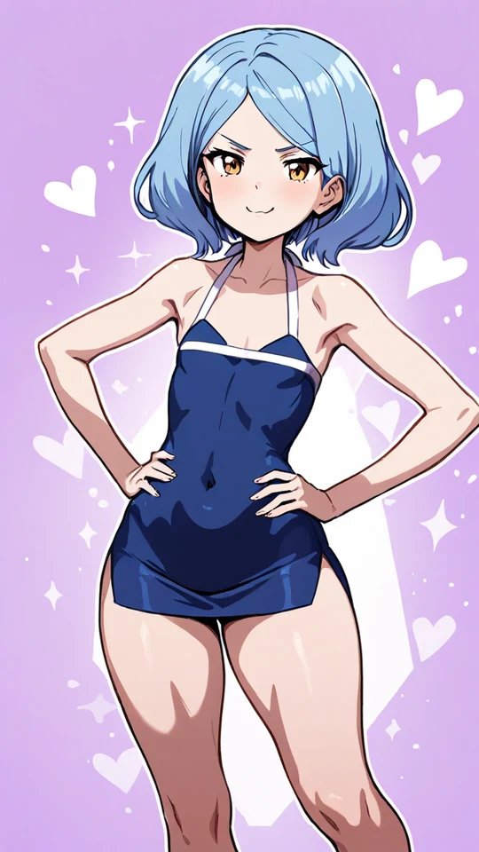 Anime Girl with Blue Hair in a Navy Blue Swimsuit