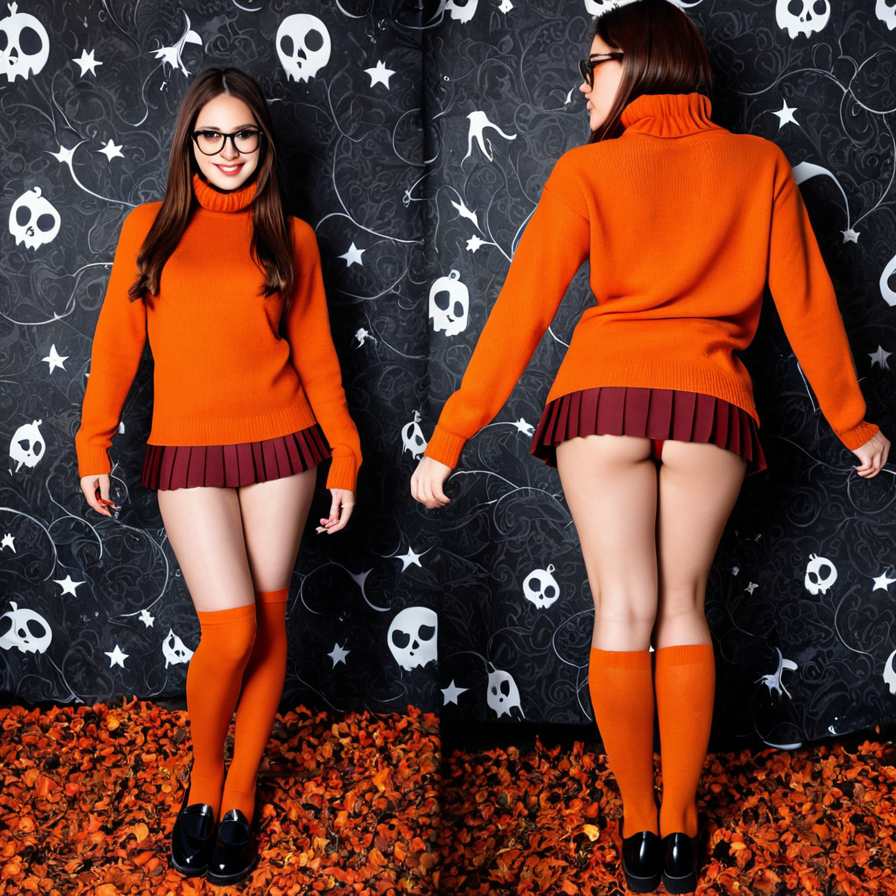 Woman in Orange Turtleneck and Pleated Skirt against Halloween Backdrop
