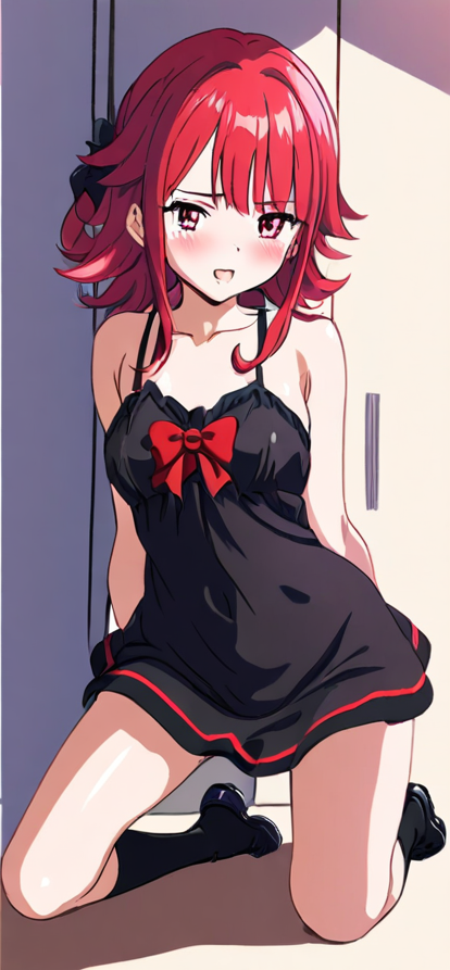 Anime Girl with Red Hair in a Black Dress
