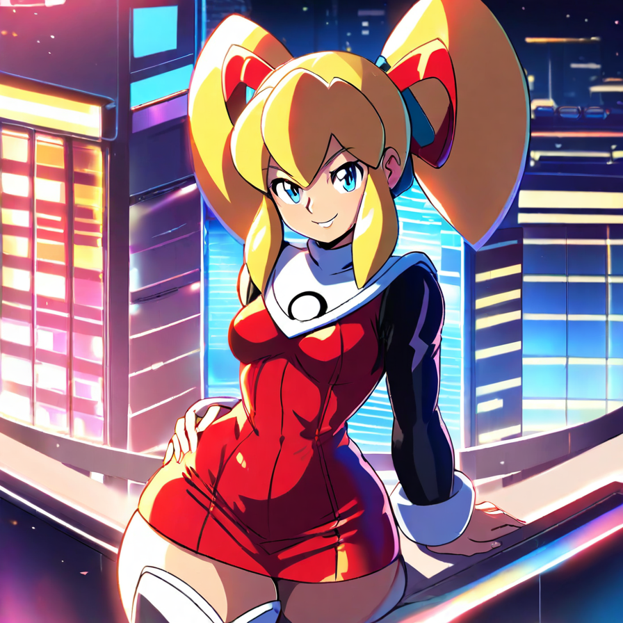 Anime Girl in Red Dress Against a Neon Cityscape