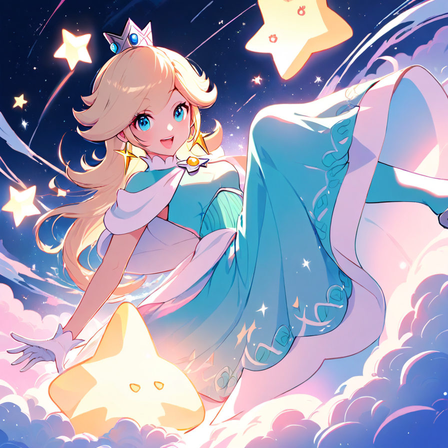 Anime-Style Princess Floating Among Stars and Clouds