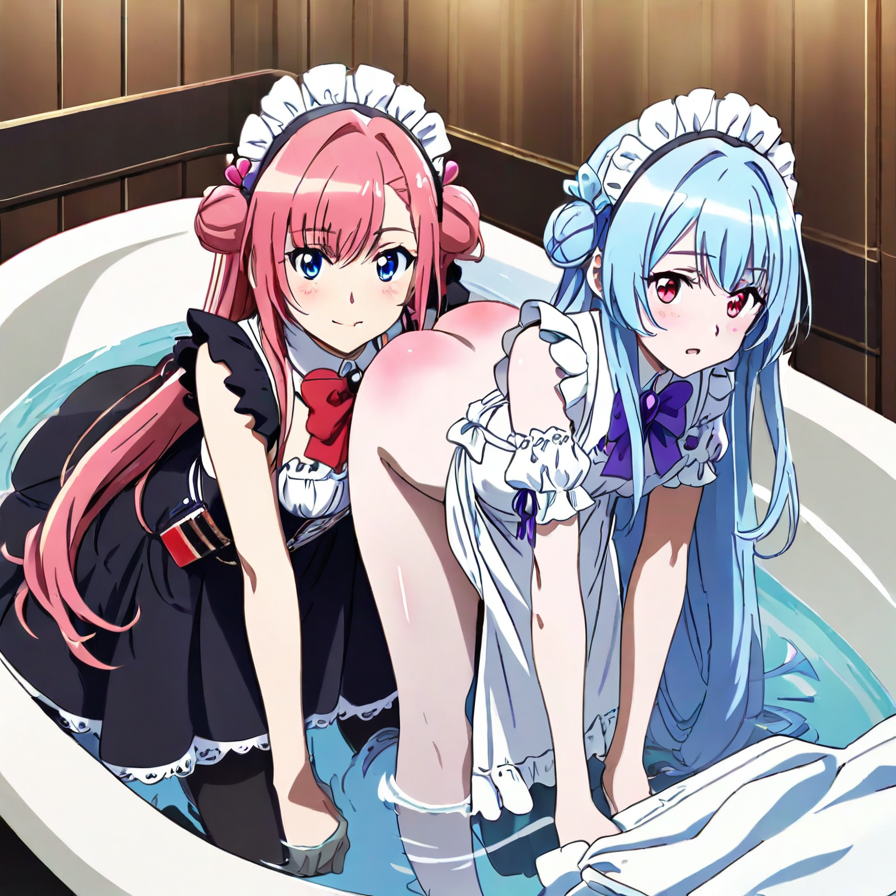 Spanked Girl with Cute Maid in the Tub
