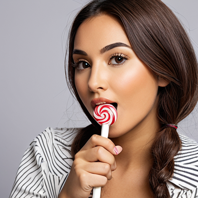 Portrait of a Woman with a Red and White Swirl Lollipop