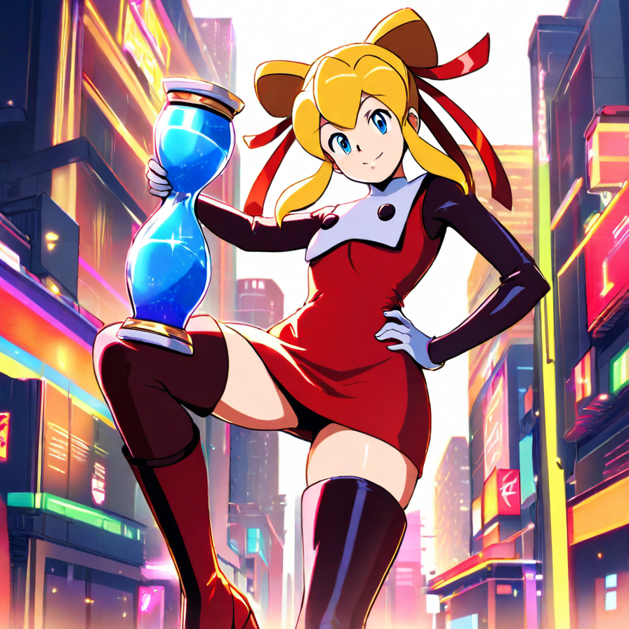 Anime Girl with Hourglass in a Neon City