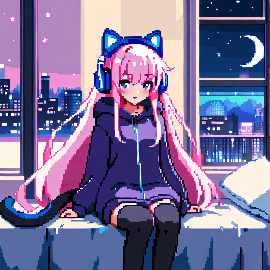 Pixel Art Anime Girl with Cat-Ear Headphones