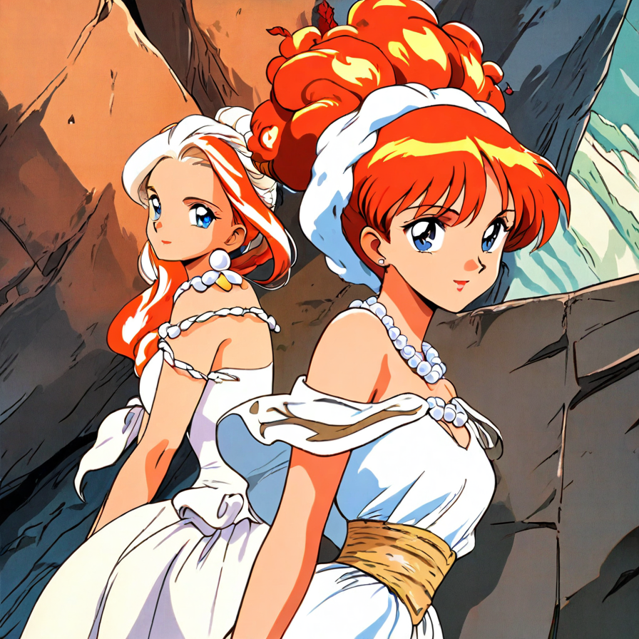 Two Women in White Gowns Against a Rocky Backdrop