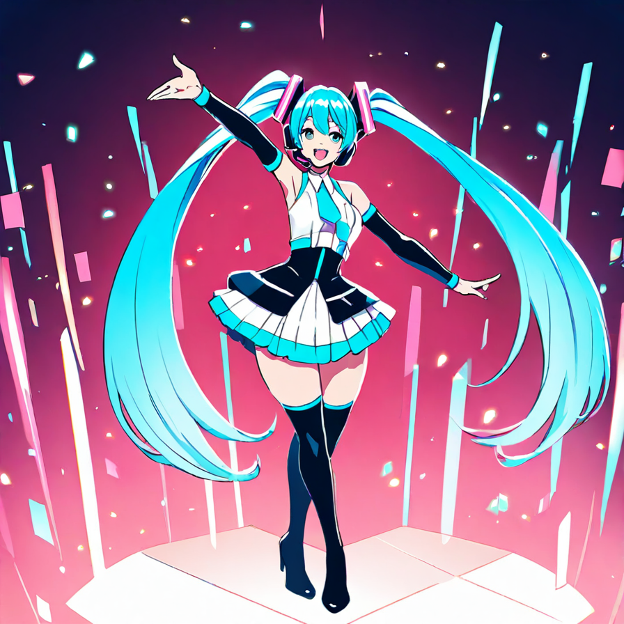 Anime Girl Performer with Long Blue Twin-Tails on a Neon Stage