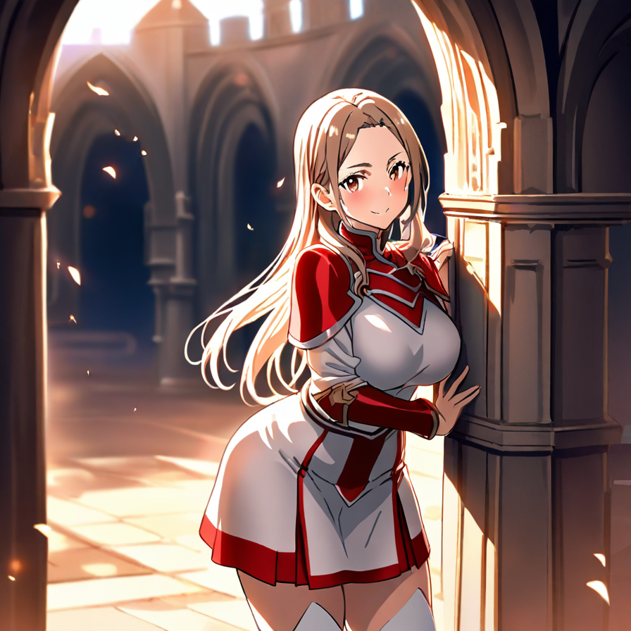Anime Girl in Red and White Uniform in a Gothic Archway