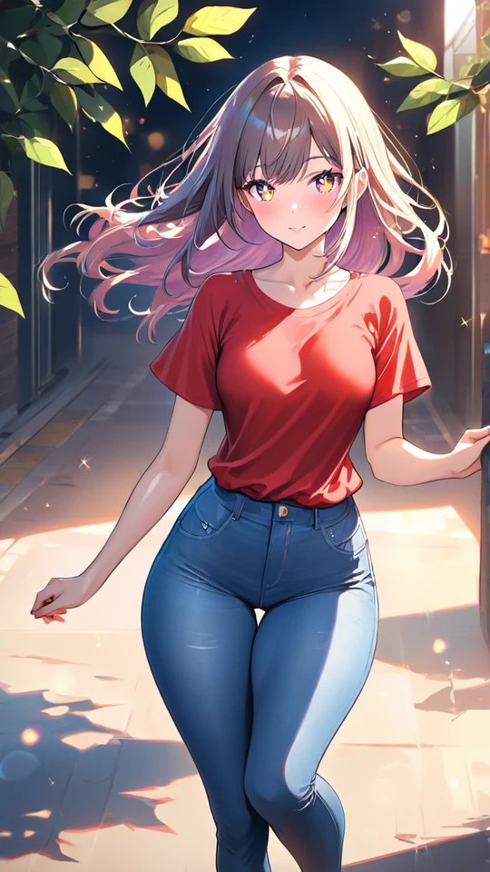 Anime Girl in Red T-shirt and Blue Jeans