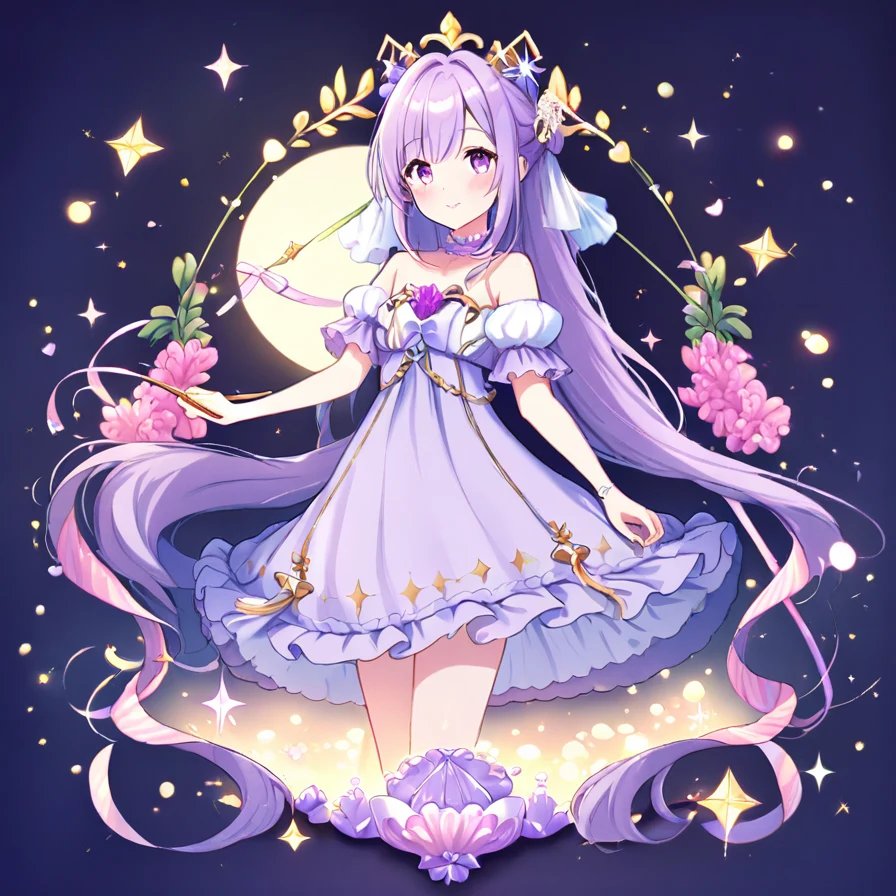 Anime Girl in a Lavender Gown under a Full Moon