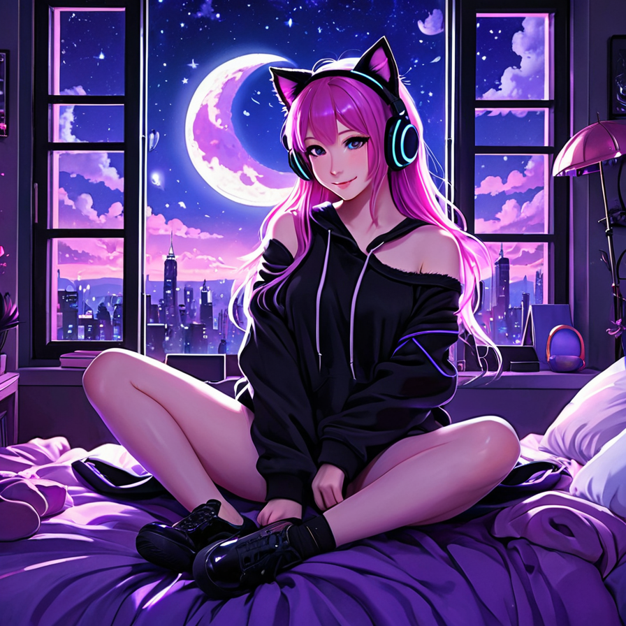 Anime Girl with Pink Hair and Cat-Ear Headphones by a Night Window