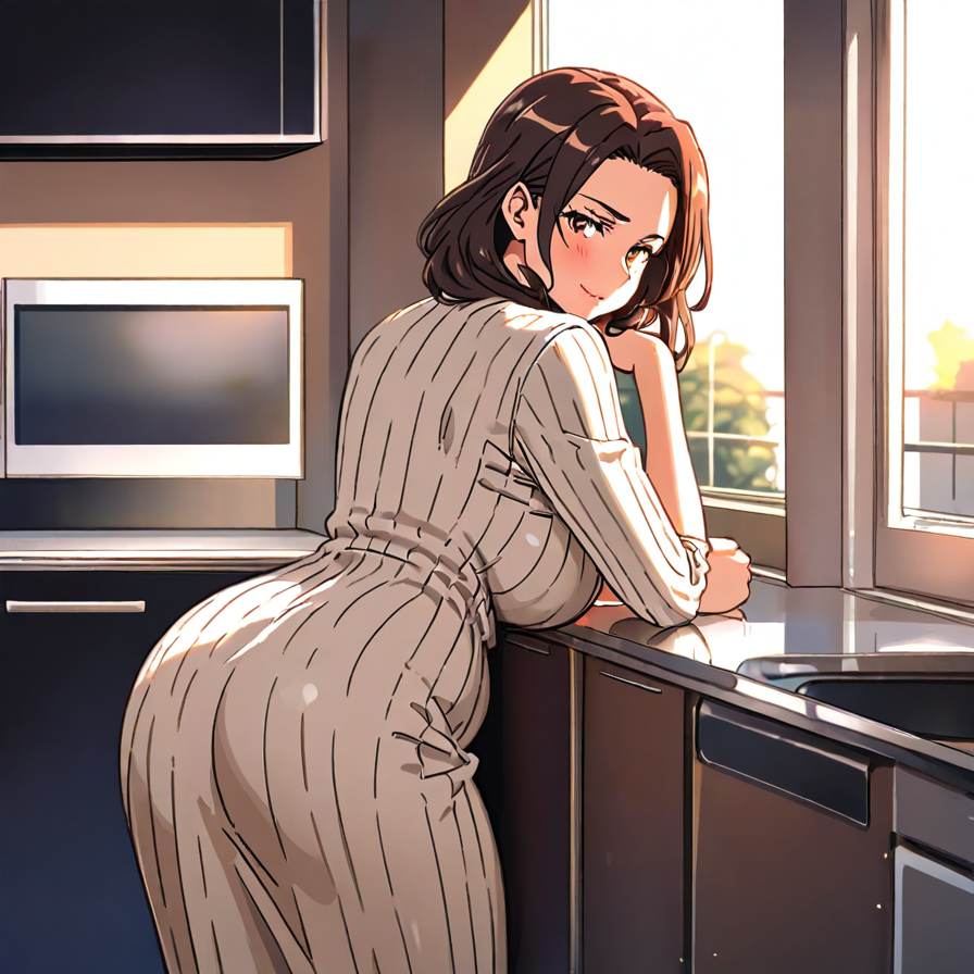 Woman in Ribbed Dress Leaning on Kitchen Counter