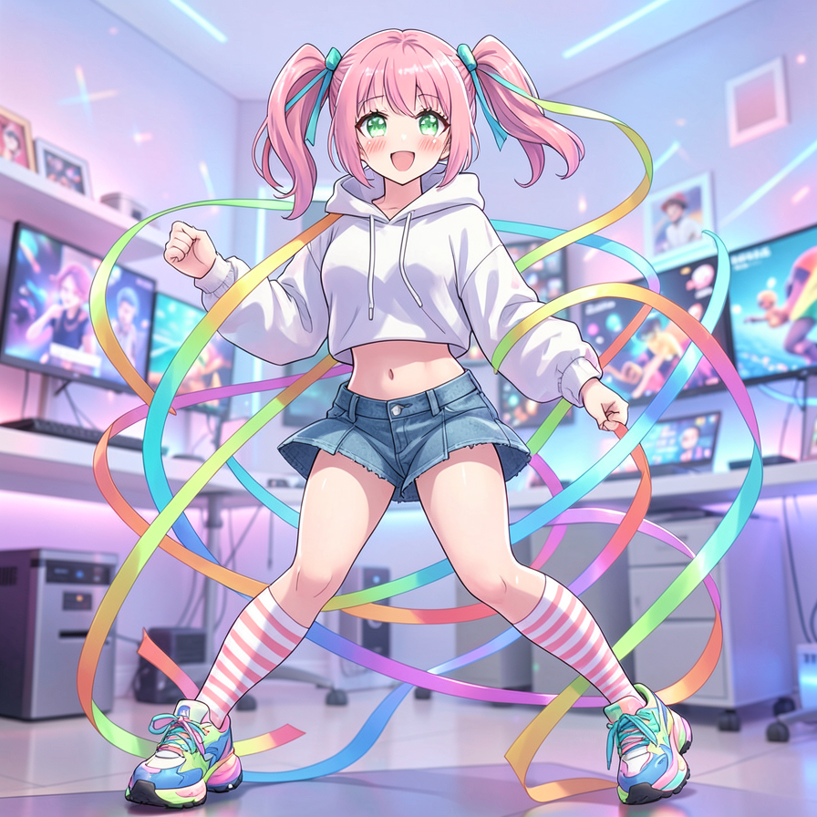 Anime Girl in Gaming Room with Rainbow Ribbons